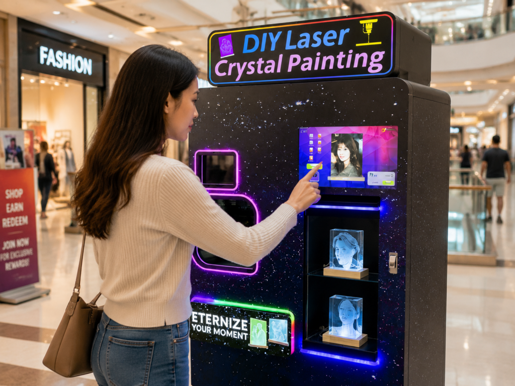 customer using glass engraving vending machine in shopping mall