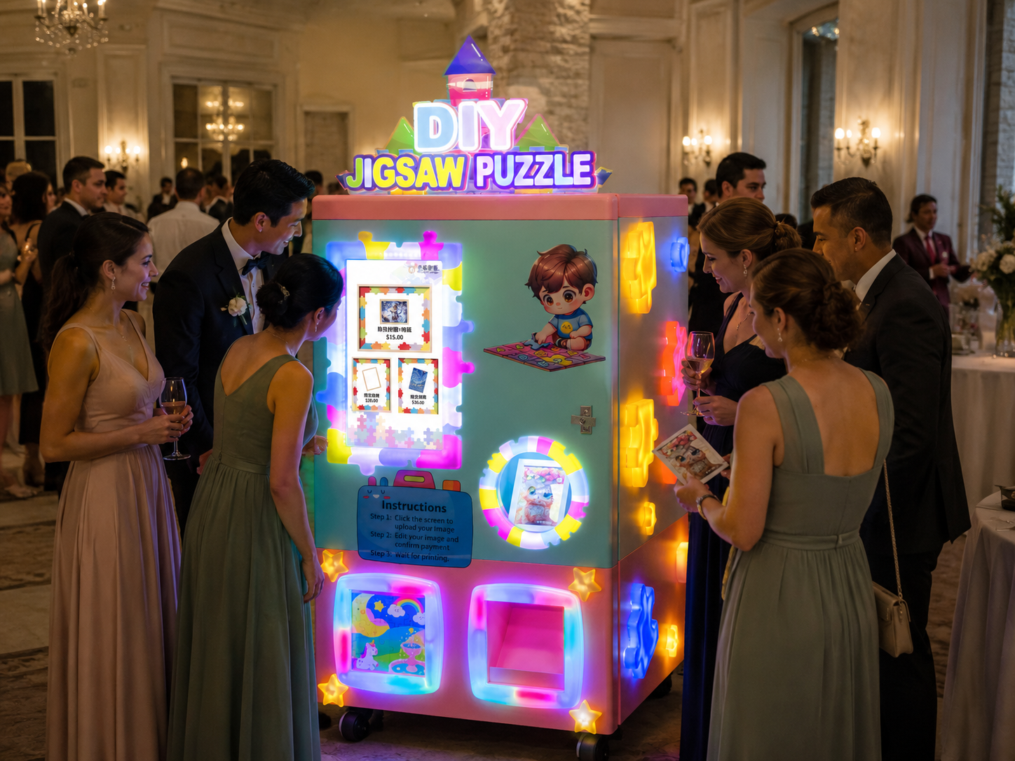 Photo puzzle vending machine at a wedding reception with guests gathered around