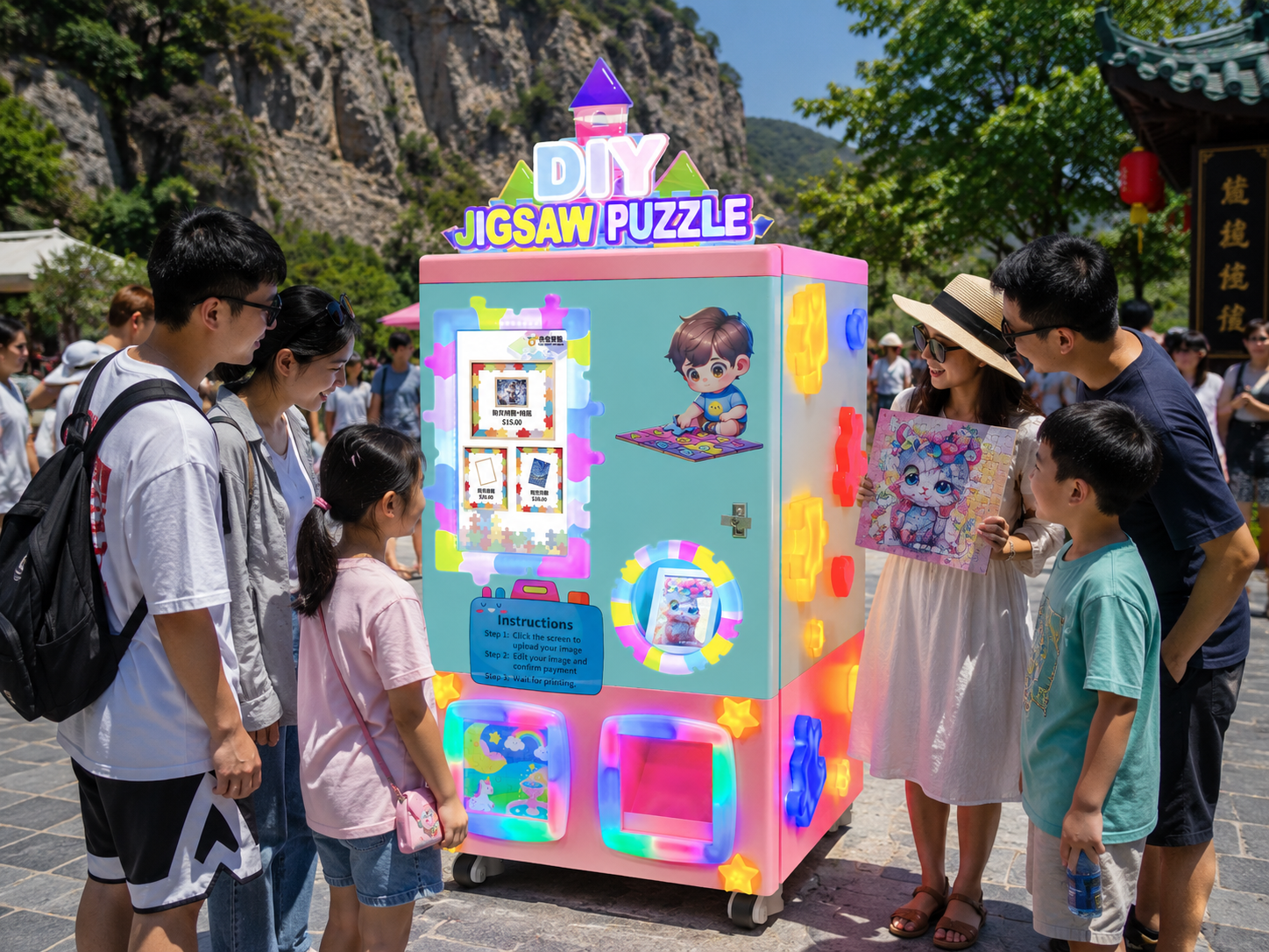 There is a jigsaw puzzle vending machine at the scenic spot, and many people are buying from it.