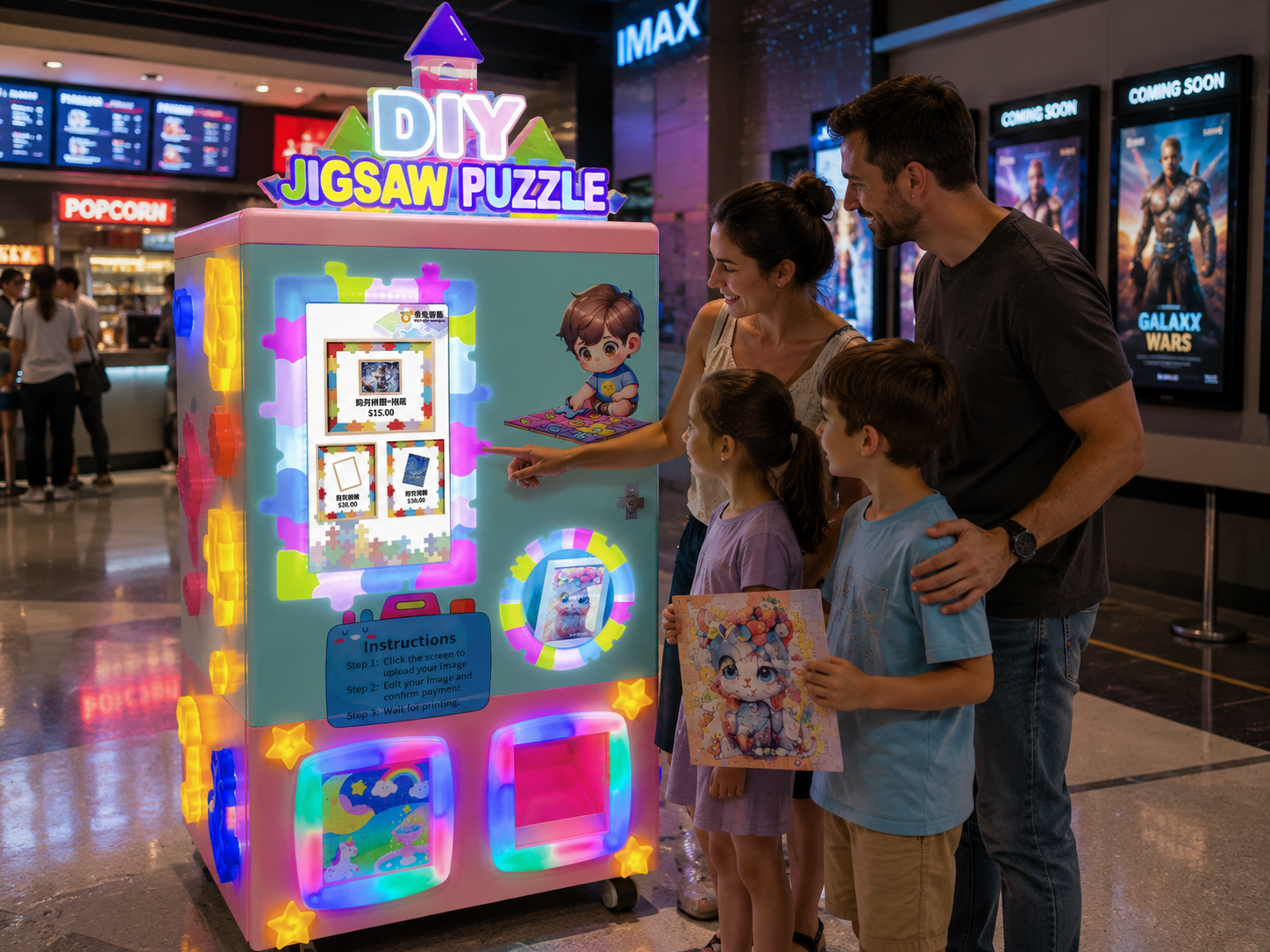 jigsaw puzzle vending machine in a mall cinema lobby with a family browsing