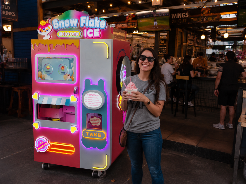 Snowflake ice vending machine dispensing fluffy snow ice in a mall food court