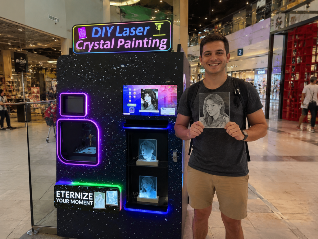 A laser engraving vending machine in a shopping mall, with a person standing nearby holding a finished glass product.