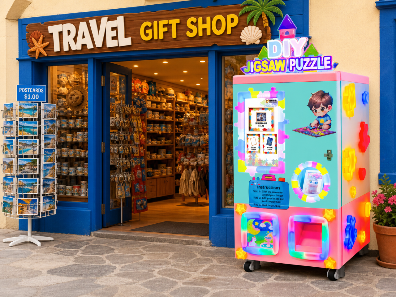 Jigsaw puzzle vending machine in a gift shop.