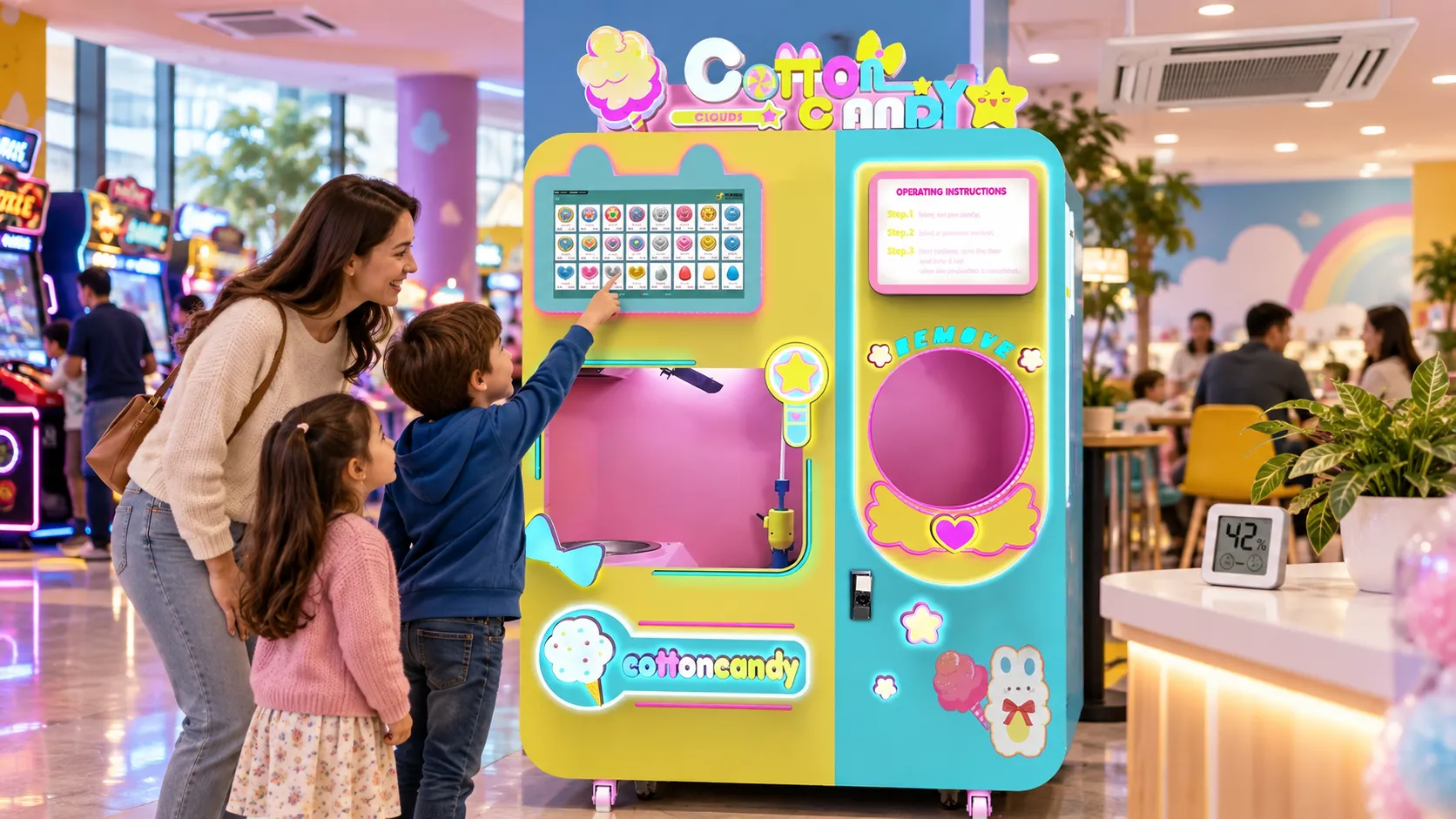 Cotton candy vending machine placement and humidity control