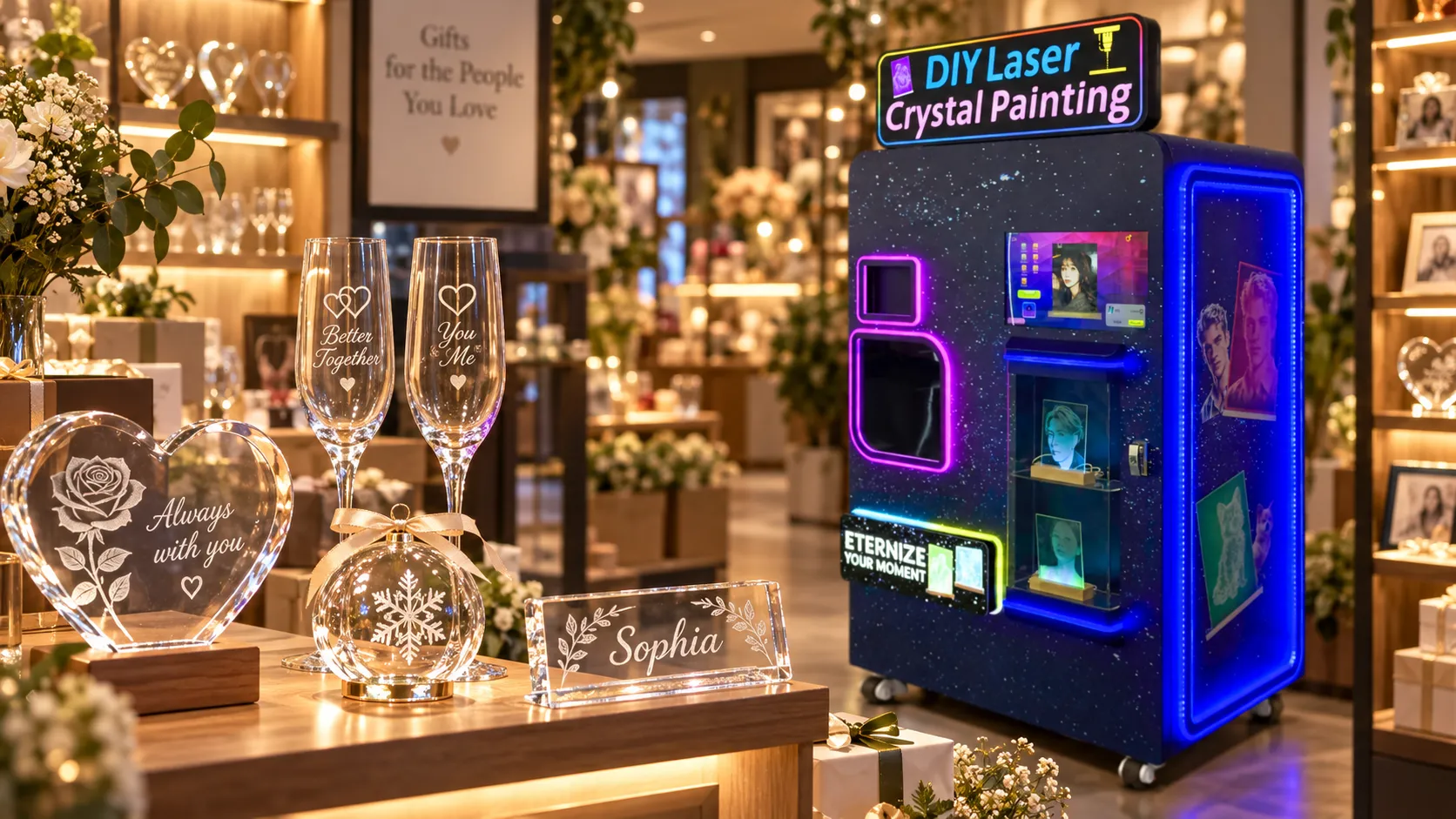 Personalized engraved glass keepsakes from a vending machine
