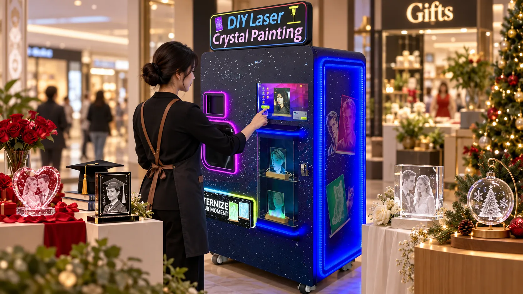 Glass engraving vending machine seasonal setup with samples and gift traffic