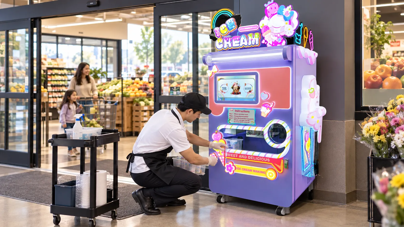 Ice cream vending machine operator restocking and checking a summer location