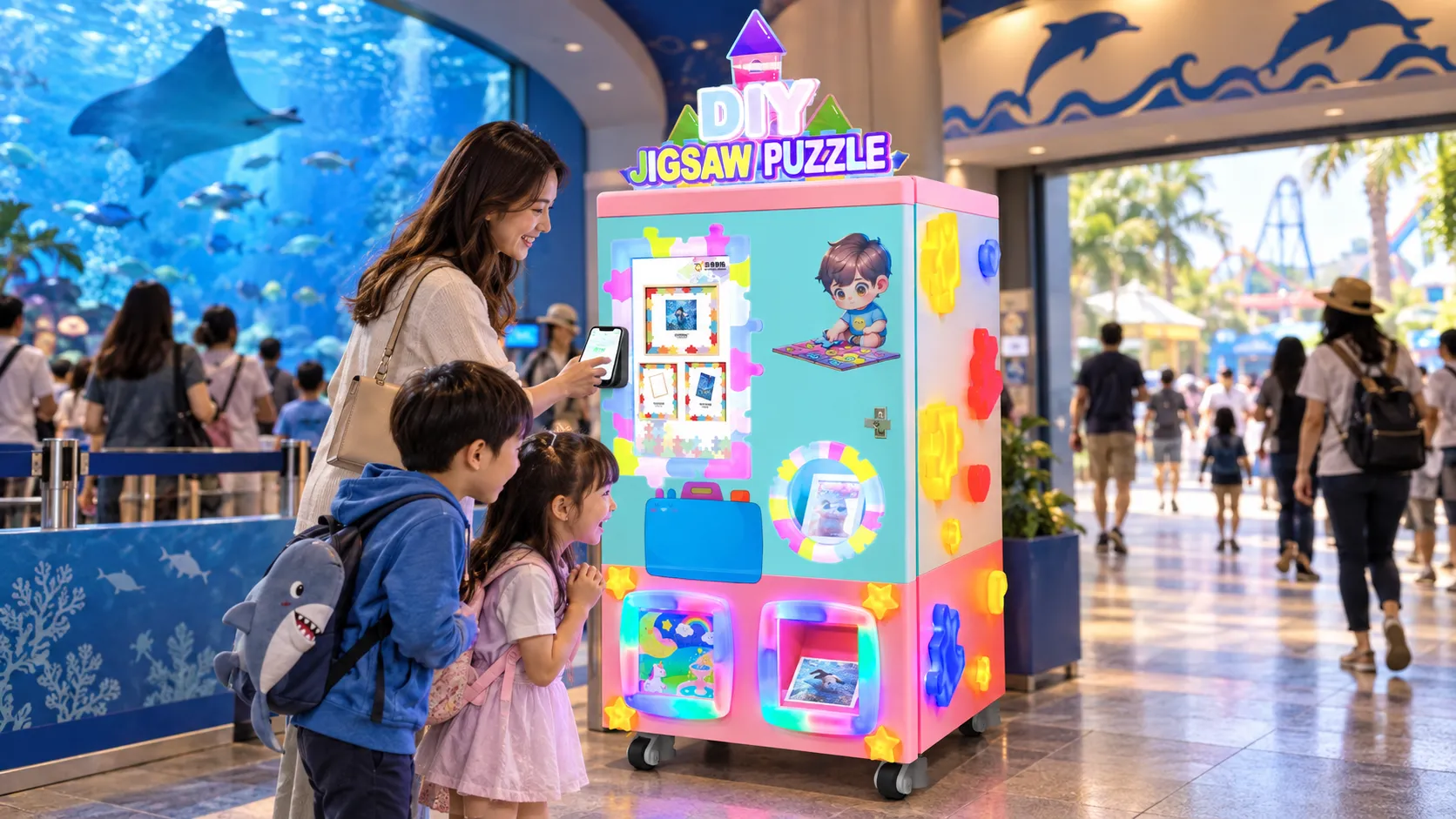 Jigsaw puzzle vending machine impulse purchase in a high-traffic attraction