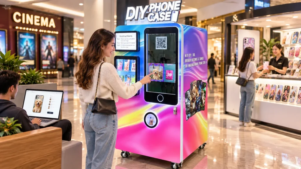 SJK-360 phone case printing vending machine in a modern shopping mall