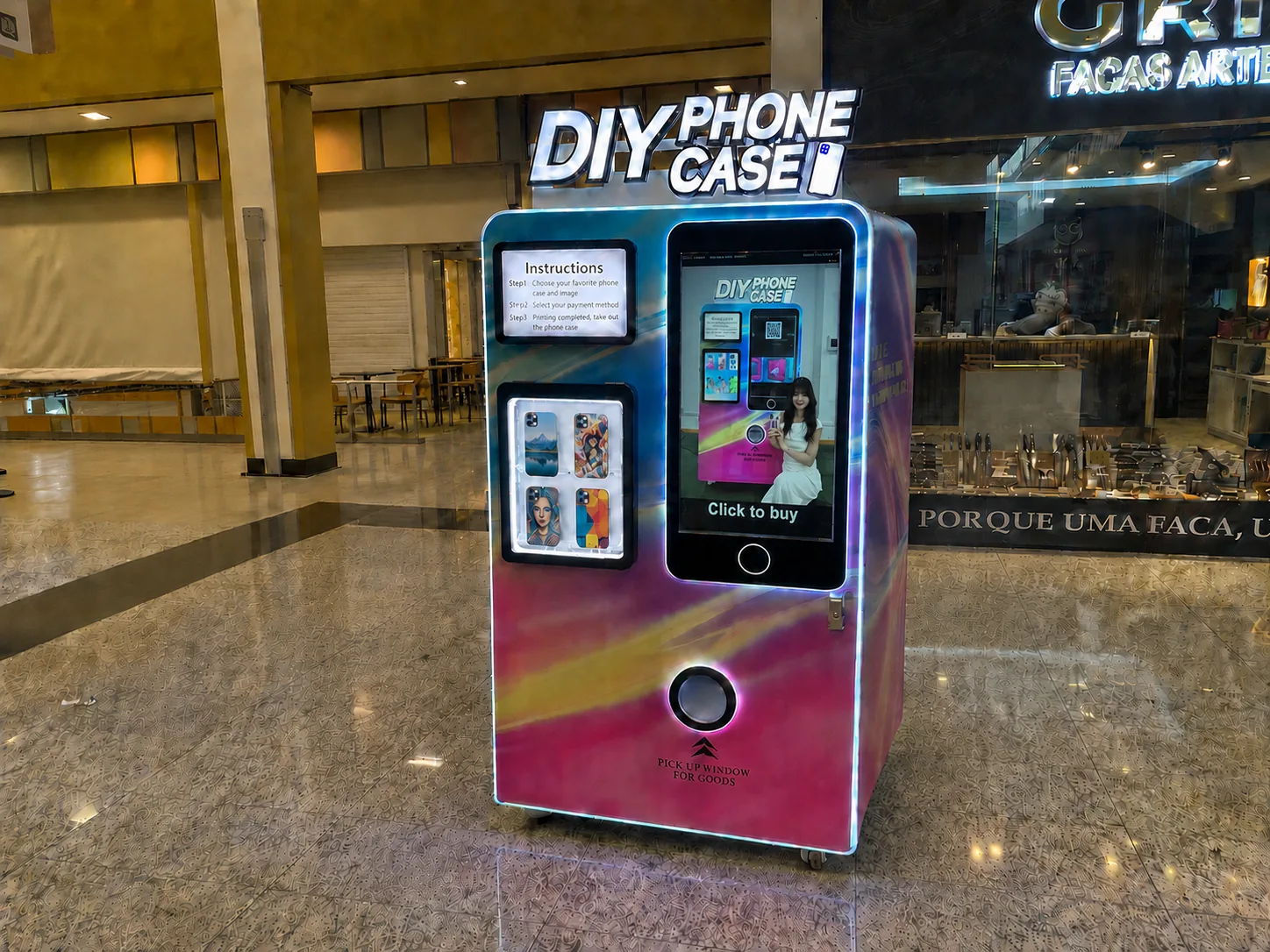 phone case printing vending machine close-up showing the machine at work