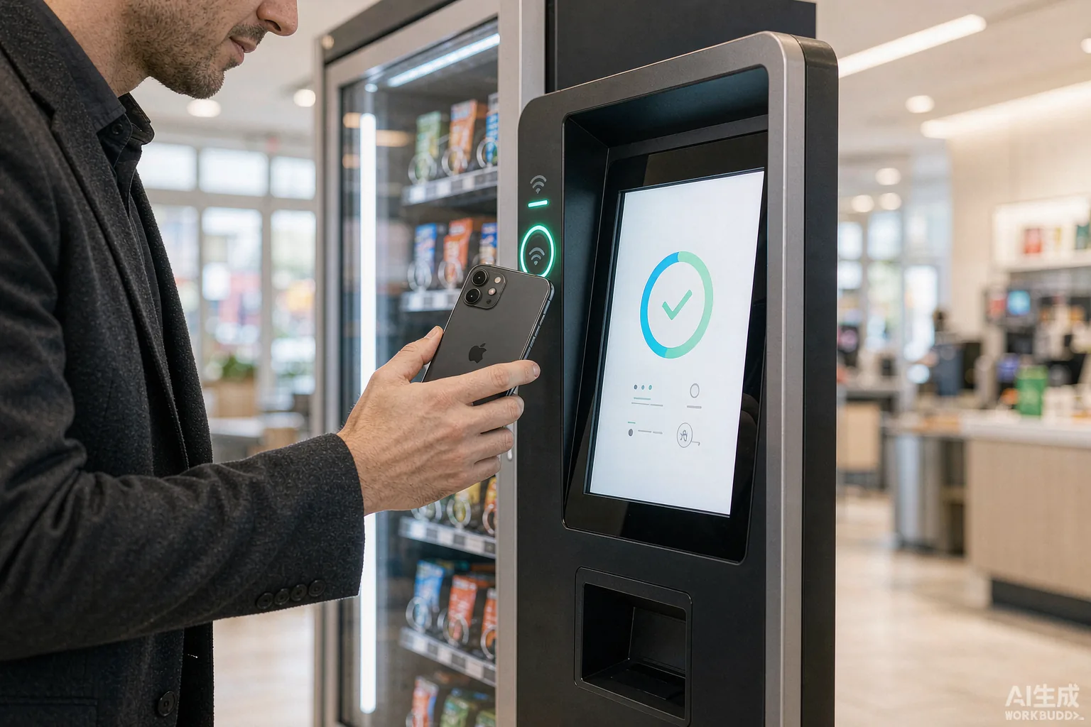 Customer paying with smartphone NFC contactless payment at a vending machine