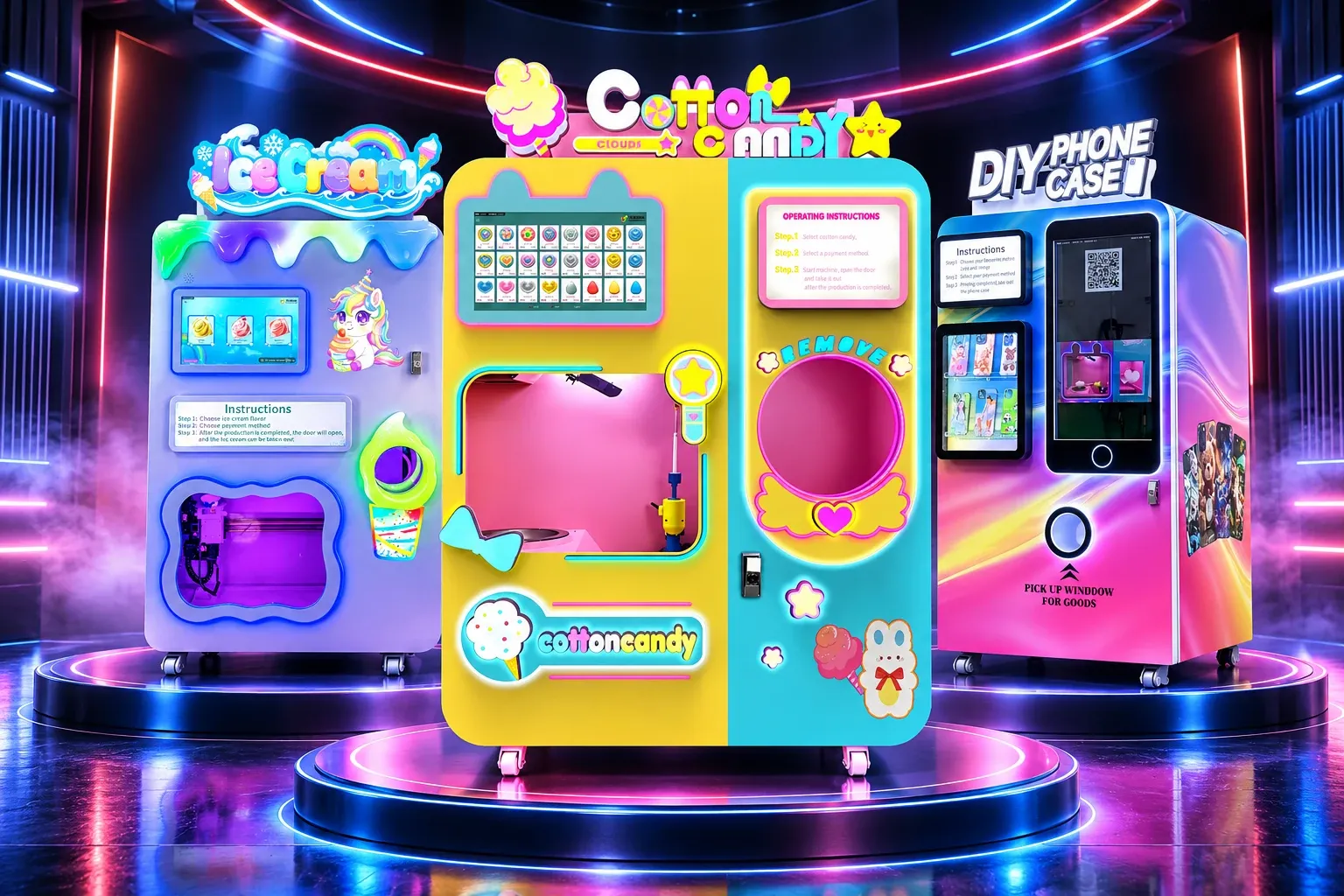 Red Rabbit cotton candy, ice cream and phone case vending machines on a blue and red illuminated display stage